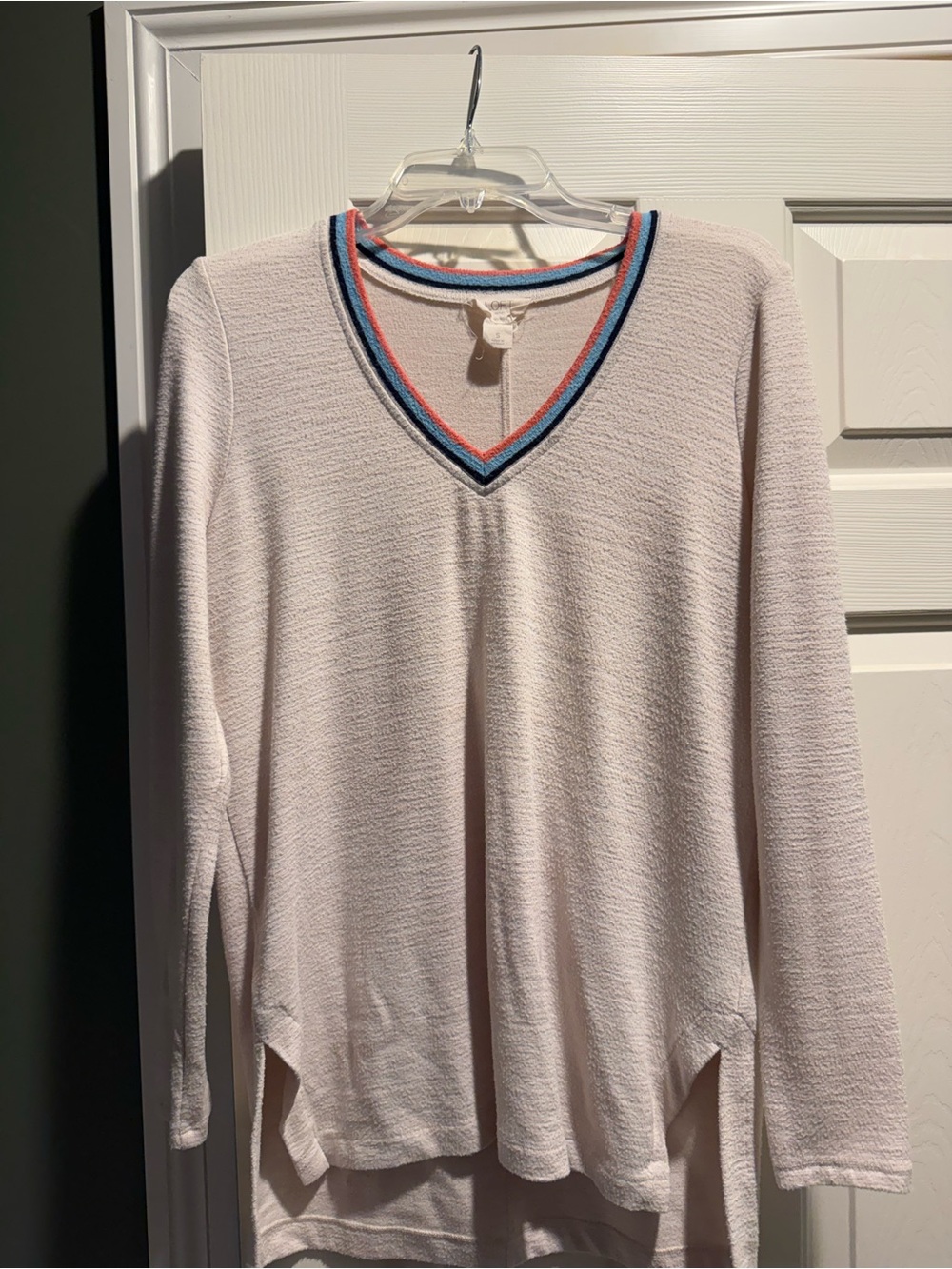 Light Cream V-Neck Sweater with Striped Trim